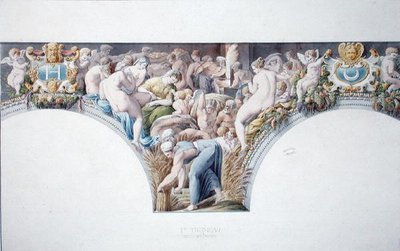 Ms 1014 Frieze Fontainebleaun juhlasalista, levy albumista (akvarelli ja kynä paperille) tekijältä Charles Percier
