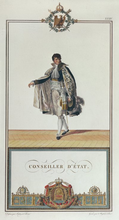 Napoleonin kruunajaisten valtioneuvoston virkapuku, 1804 (värikaiverrus) tekijältä Charles Percier