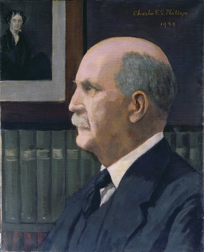 William Henry Bragg (1862-1942) Michael Faradayn (1791-1867) kuvalla taustalla, 1939 tekijältä Charles Phillips