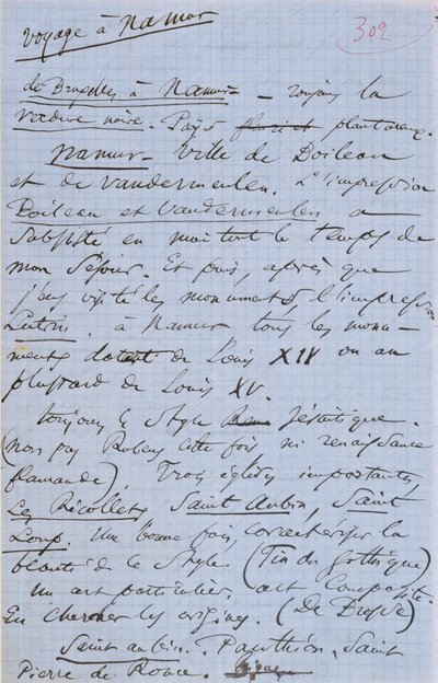 Sivu 302 Baudelairen pamfletista "Pauvre Belgique", joka kuvaa hänen matkaansa Namuriin, 1864 tekijältä Charles Pierre Baudelaire