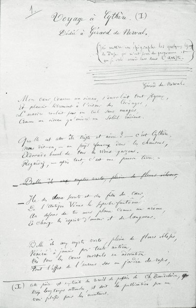 "Voyage a Cythere" nimikirjoitusruno (kynä ja muste paperille) (m/v kuva) tekijältä Charles Pierre Baudelaire