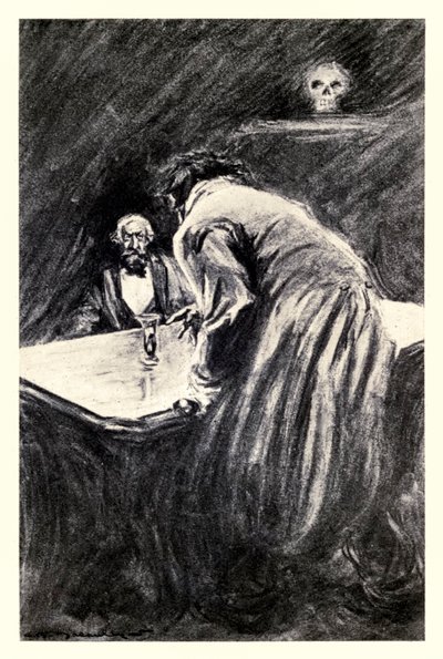 Annatko minun ottaa tämän lasin käteeni" Robert Louis Stevensonin (1850-1894) "Tohtori Jekyllin ja herra Hyden omituisesta tapauksesta", jonka on kuvittanut Charles Raymond Macauley (1871-1934) tekijältä Charles Raymond Macauley