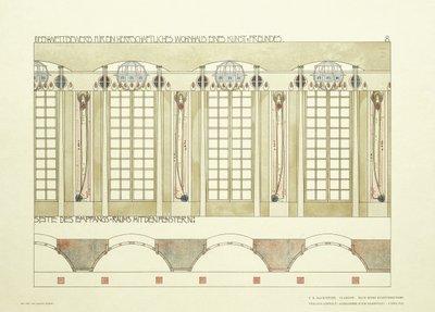 Vastaanotto- ja musiikkihuone, n. 1901 (värilitografia) tekijältä Charles Rennie (after) Mackintosh