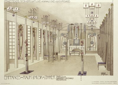 Musiikkihuoneen suunnittelu, n. 1901 tekijältä Charles Rennie Mackintosh