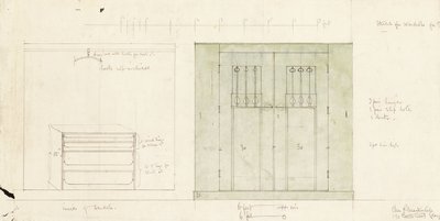 Suunnitelma vaatekaappiin, esitetty kohokuva edestä ja sisäpuolelta, n. 1899-1900 (lyijykynä, akvarelli) tekijältä Charles Rennie Mackintosh