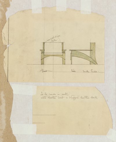 Suunnittelu tamminojatuoliin, näkyy etu- ja sivukuvassa, 1905 tekijältä Charles Rennie Mackintosh