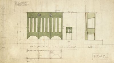Suunnittelu penkeille ja pöydälle, näkyy korkeus- ja poikkileikkauksessa tekijältä Charles Rennie Mackintosh