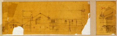Suunnittelu kirkon julkisivulle kohokuvassa ja apusuunnitelma kirkon sisäänkäynnille, kohokuva, n. 1895-1899 tekijältä Charles Rennie Mackintosh