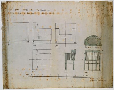 Mallit verhoiltulle tuolille ja karatuolille kohokuviossa ja piirustuksissa tekijältä Charles Rennie Mackintosh