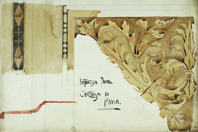 Intarsiapaneeli, Certosa di Pavia, 1891 (lyijykynä ja vesiväri paperille). tekijältä Charles Rennie Mackintosh