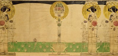 Alustava suunnittelu Miss Cranstonin Buchanan Street Tearoomin ensimmäisen kerroksen huoneen seinämaalaukseen, 18967 (lyijykynä ja wc kuultopaperilla) tekijältä Charles Rennie Mackintosh