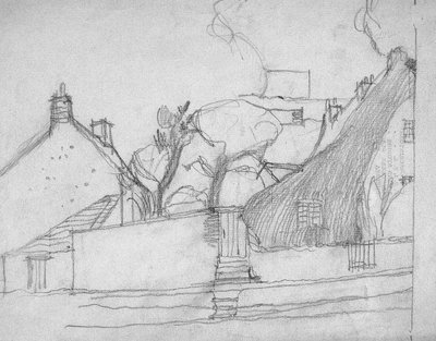 Luonnos englantilaisesta kylästä, jonka etualalla on harjakatto, n.1920 tekijältä Charles Rennie Mackintosh