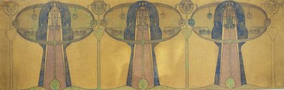 Koristeellinen friisi tyylitellyistä ihmishahmoista, puista ja kasvimuodoista, noin 1895 (lyijykynä ja vesiväri harmaalle taidepaperille). tekijältä Charles Rennie Mackintosh