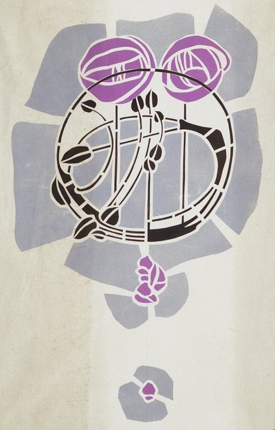 Moderni jäljennös alkuperäisestä Mackintosh-seinäkuviointikuvioinnista, ruusuaihe, 1902 (julisteväri patruunapaperille). tekijältä Charles Rennie Mackintosh