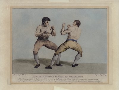 Englantilaiset palkintotaistelijat Daniel Mendoza ja Richard Humphreys nyrkkeilyottelussaan 29. syyskuuta 1790 (kaiverrus) tekijältä Charles Reuben (after) Ryley