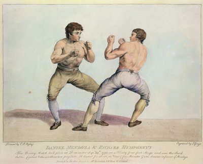 Nyrkkeilyottelu Daniel Mendozan ja Richard Humphreysin välillä, 29. syyskuuta 1790 (käsin väritetty etsaus). tekijältä Charles Reuben Ryley