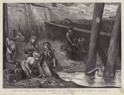 Köyhät lapset poimimassa hiiltä Thames-joen rannalta Limehousessa, Lontoossa (litho) tekijältä Charles Ricketts