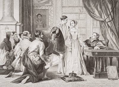 Lady Jane Greyn haluttomuus hyväksyä kruunu, Sion House, 8. heinäkuuta 1553, "Illustrations of English and Scottish History" osasta I tekijältä Charles Robert Leslie
