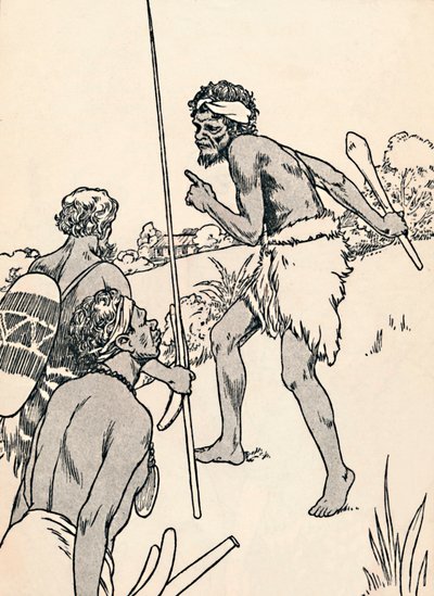 Aboriginaalit miehet lähestyvät uudisasukkaiden maatilaa, 1912 tekijältä Charles Robinson