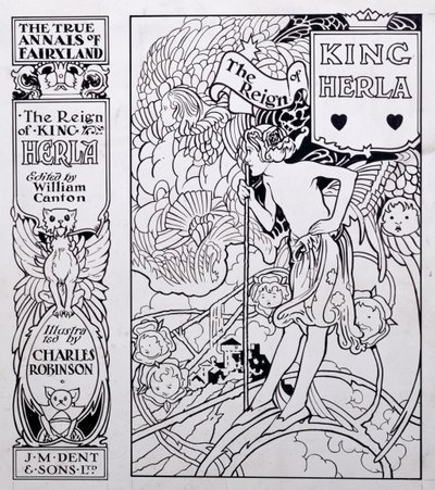 Etukannen kuvitus teokseen The True Annals of Fairyland, The Reign of King Herla, toimittanut William Canton, julkaistu 1900 tekijältä Charles Robinson