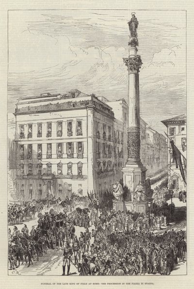 Italian edesmenneen kuninkaan hautajaiset Roomassa, kulkue Piazza di Spagnalla tekijältä Sir John Charles Robinson