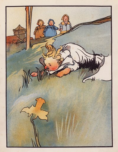Hölynpölyä: Vauva nakertaa ruohoa (värilitografia). tekijältä Charles Robinson