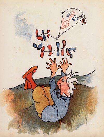 Hölynpölyä: Mies putoaa leijastaan (värilitografia). tekijältä Charles Robinson