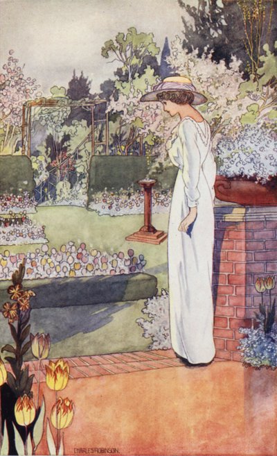 Sentimentaalinen puutarhamme: hollantilainen puutarha (väri litho) tekijältä Charles Robinson