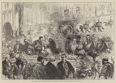 Kansainvälinen kunnallinen juhlatilaisuus Mansion Housessa, lordipormestari läpäisi Loving Cupin tekijältä Sir John Charles Robinson