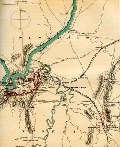 Kartta Chattanoogasta ja sen puolustuksista, Tennessee, 1862-1867. tekijältä Charles Sholl