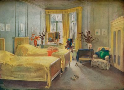 Interior Scene: makuuhuone, jonka on suunnitellut Mme. Gloria Silva Hotel Metropolessa, Lontoossa, 1922 tekijältä Charles Sims