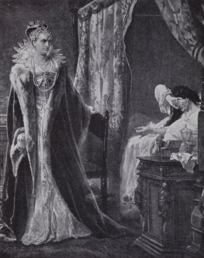 Nottinghamin kreivitär palauttaa Essexin jaarlin sormuksen kuningatar Elizabeth I:lle, mutta liian myöhäistä pelastaa hänet teloituksesta (litho) tekijältä Charles Soubre
