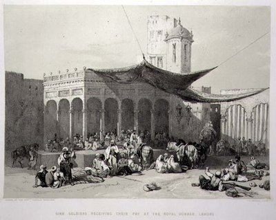 Panjab: Sikh Soldiers Receiving their Pay at Royal Durbar, Lahore, levy 12 julkaisusta "Recollections of India", kaiverrettu James Duffield Harding (1798-1863) 1847 (litho) tekijältä Charles Stewart (after) Hardinge