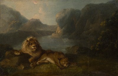 Lionit järvenrantamaisemassa (öljy paneelissa) tekijältä Charles Towne