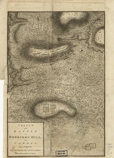 Luonnos Hobkirks Hillin taistelusta, lähellä Camdenia, 25. huhtikuuta 1781, julkaistu Lontoossa, 1794 tekijältä Charles Vallancey