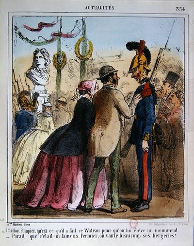 Sarjakuva, joka pilaa Watteaun muistopatsaan pystyttämistä, n. 1870 (värilitho) tekijältä Charles Vernier
