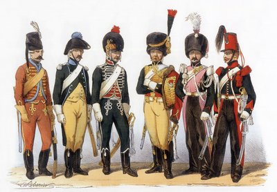 Ranskan armeijan puvut: Lancers g-d: 1745 file hunter (alle LouisXV); 1785 LouisXVI:n alaisuudessa; 1794 tasavalta; 1810 keisarillinen vartija (1. valtakunta); 1824 kuninkaallinen vartija (ennallistaminen); 1840, piirustus Charles Vernier (1831-1887). tekijältä Charles Vernier