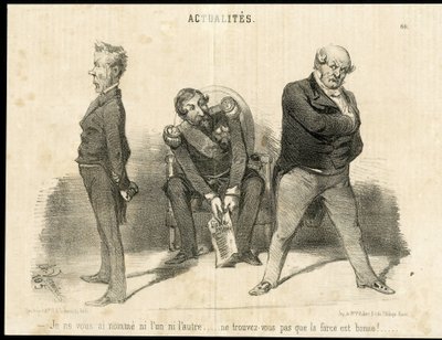 Kuvitus Charles Vernier (? -1887) Le Charivarissa - Tasavallan presidentti, Ministere, Nojatuoli (vallan symboli) - Napoleon III, Barrot Odilon (1791-1873), Ministeri, Faucher Leon (1803-1854) tekijältä Charles Vernier