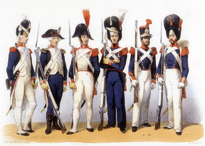 Ranskan armeijan univormut, kansalliskaarti (jalkaväki) 18-1800-luvulla, kaiverrus Charles Vernier (1831-1887) tekijältä Charles Vernier