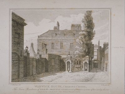 Näkymä Warwick Housesta, kaiverrettu Samuel Rawle (1771-1860) ja julkaissut John Booth (1794-1855) 1818 tekijältä Charles Warren