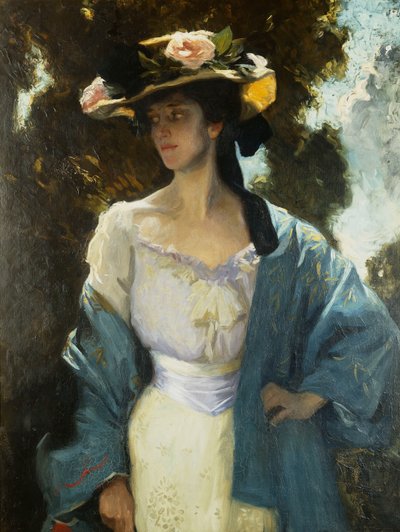 Muotokuva Frances Josephine Fursesta, taiteilijan kälystä, jolla on sininen itämainen takki, 1903 tekijältä Charles Wellington Furse