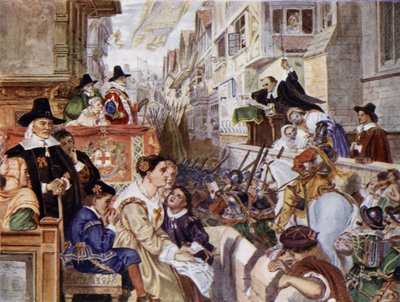 Lontoon sotilaat taistelevat parlamentaarikkojen puolella kuningas Charles I:tä vastaan Englannin sisällissodassa (värilitho) tekijältä Charles West (after) Cope