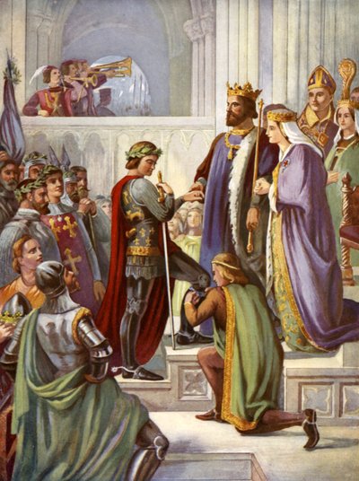 Mustan prinssin asettaminen sukkanauharitariksi (värilitho) tekijältä Charles West (after) Cope