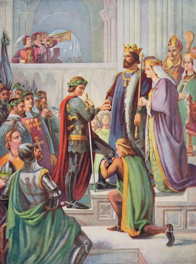 Mustan prinssin (1330-1376) avaus sukkanauhan ritariksi, esimerkki teoksesta "Hutchinsonin tarina brittiläisestä kansasta" tekijältä Charles West Cope