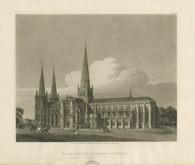 Lichfieldin katedraali - Kaakkoisnäkymä: akvatintakaiverrus, 1813 tekijältä Charles Wild