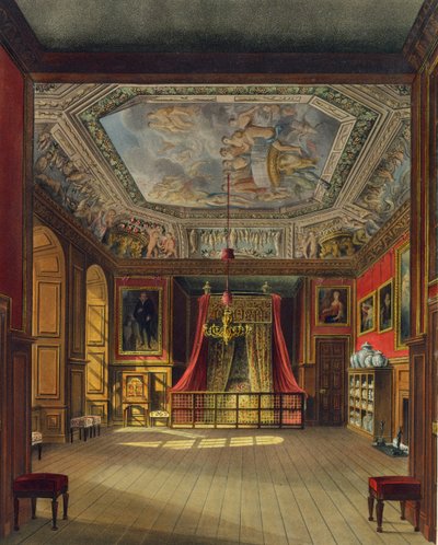 Kuningatar Annen sänky, Windsorin linna, Royal Residencesistä, kaiverrus Thomas Sutherland (s.1785), pub. kirjoittanut William Henry Pyne (1769-1843), 1816 (akvatinta) tekijältä Charles Wild