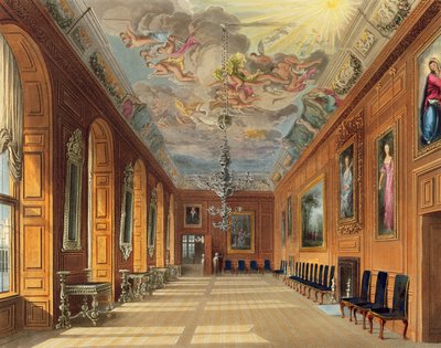 The Ball Room, Windsorin linna, Royal Residencesistä, kaiverrus Thomas Sutherland (s.1785), pub. kirjoittanut William Henry Pyne (1769-1843), 1817 (akvatinta) tekijältä Charles Wild