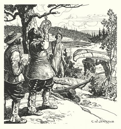 Champlain tekemässä havaintoja Astrolabella Ottawalla. tekijältä Charles William (after) Jefferys