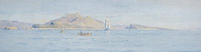 A Sunny Day off the Coast, Villefranche sur Mer, n. 1885 (öljy kankaalle asetettuna) tekijältä Charles William Wyllie