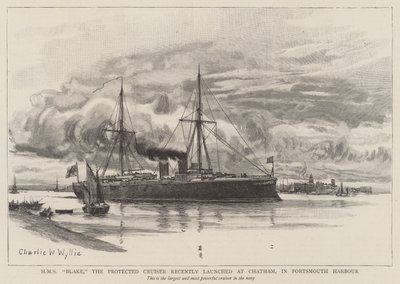 HMS Blake, Protected Cruiser, joka julkaistiin äskettäin Chathamissa Portsmouthin satamassa tekijältä Charles William Wyllie
